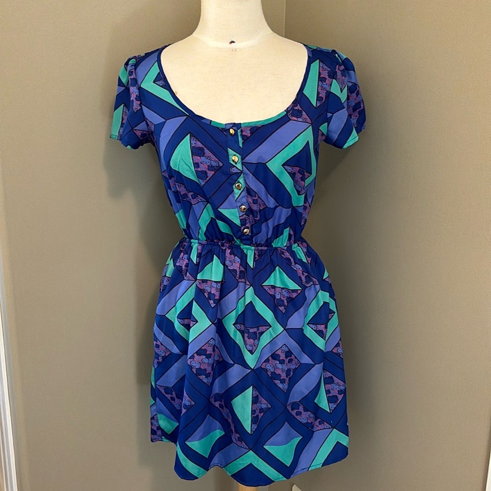 Hello Kitty Green and Blue Dress Gold Front Buttons Size Medium